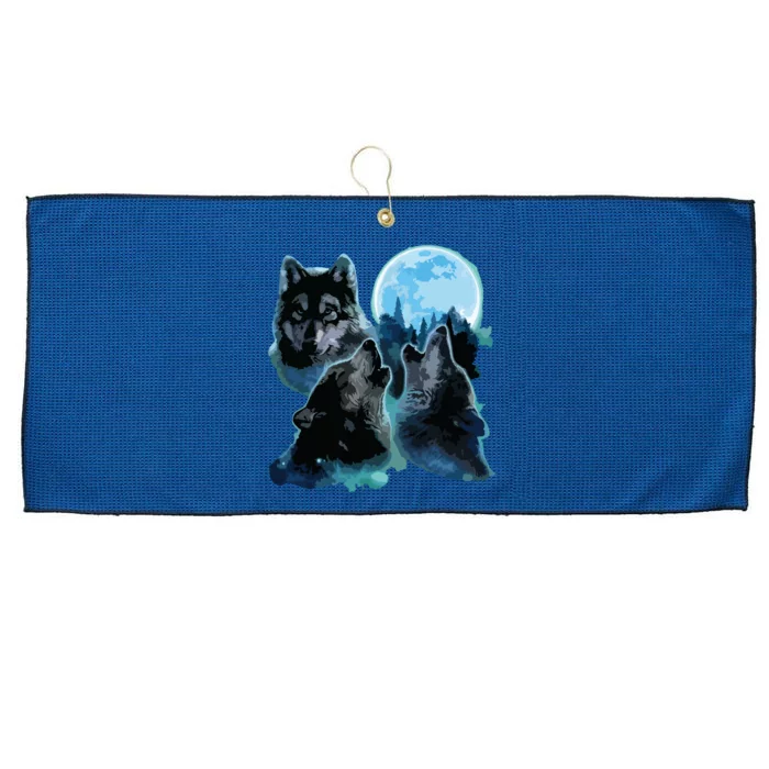 Three Wolves Howling Under Icy Full Moon, Gray Wolf Large Microfiber Waffle Golf Towel