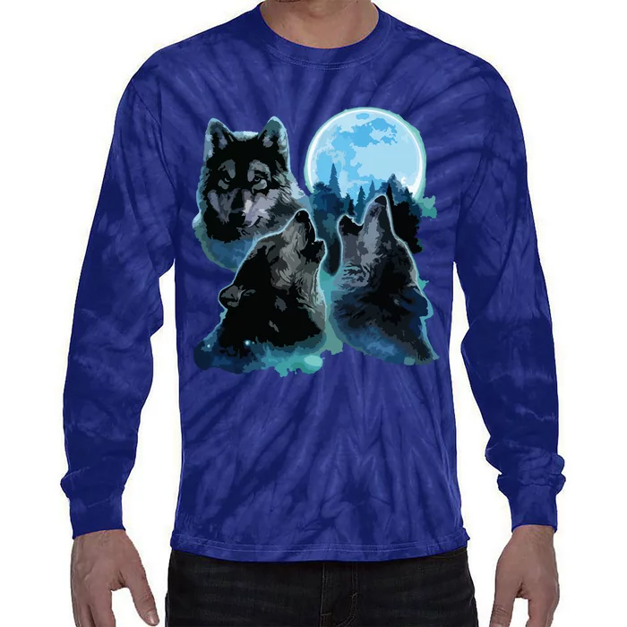 Three Wolves Howling Under Icy Full Moon, Gray Wolf Tie-Dye Long Sleeve Shirt