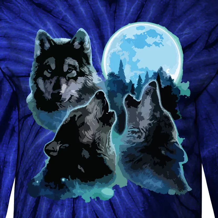 Three Wolves Howling Under Icy Full Moon, Gray Wolf Tie-Dye Long Sleeve Shirt