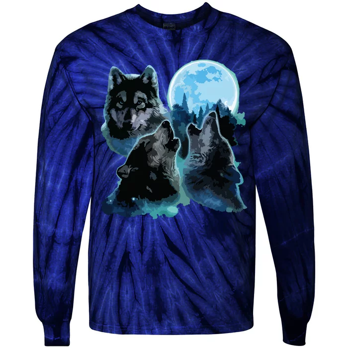 Three Wolves Howling Under Icy Full Moon, Gray Wolf Tie-Dye Long Sleeve Shirt