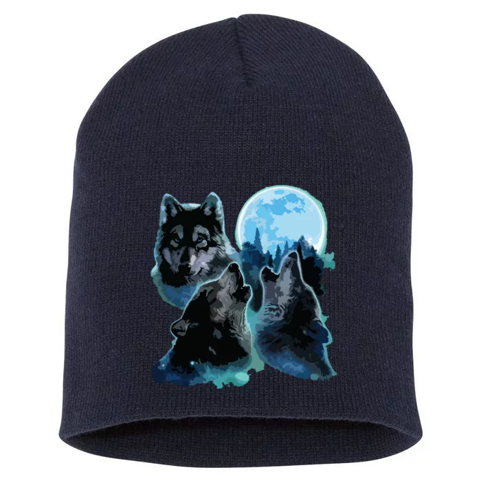 Three Wolves Howling Under Icy Full Moon, Gray Wolf Short Acrylic Beanie