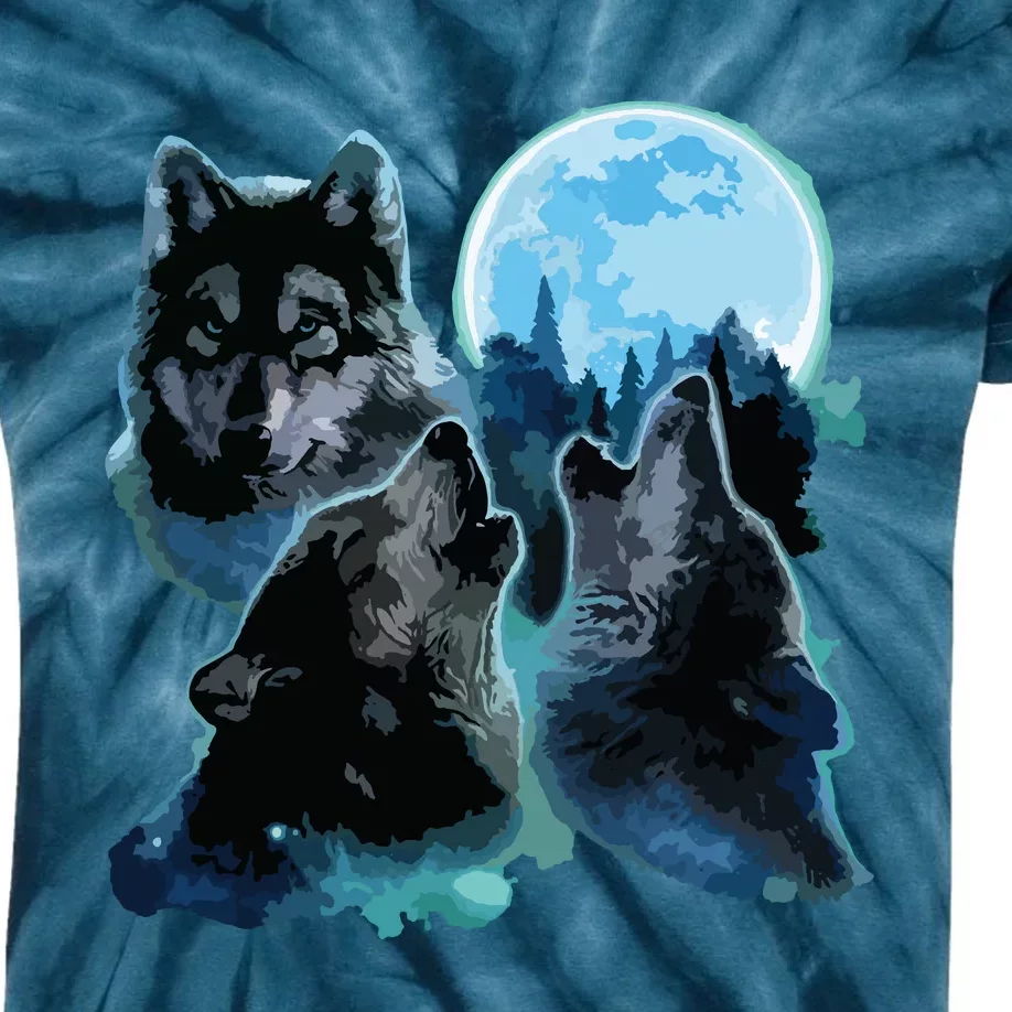 Three Wolves Howling Under Icy Full Moon, Gray Wolf Kids Tie-Dye T-Shirt