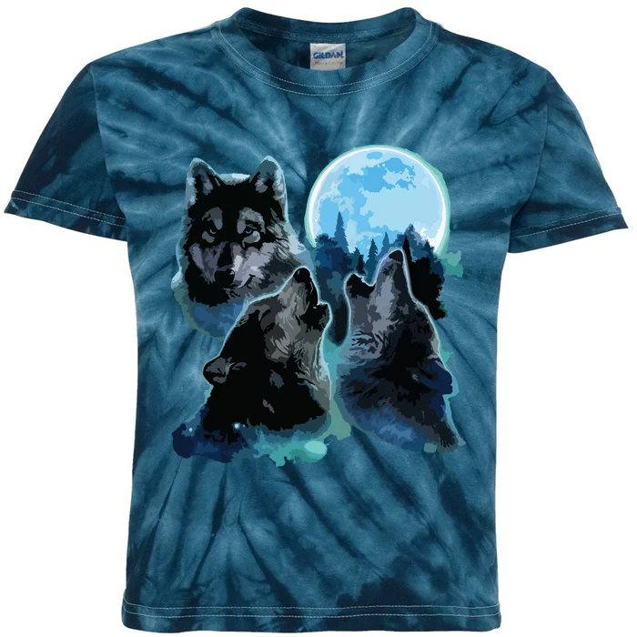 Three Wolves Howling Under Icy Full Moon, Gray Wolf Kids Tie-Dye T-Shirt