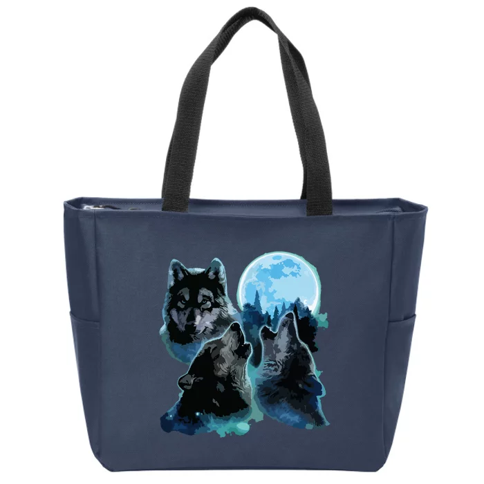 Three Wolves Howling Under Icy Full Moon, Gray Wolf Zip Tote Bag