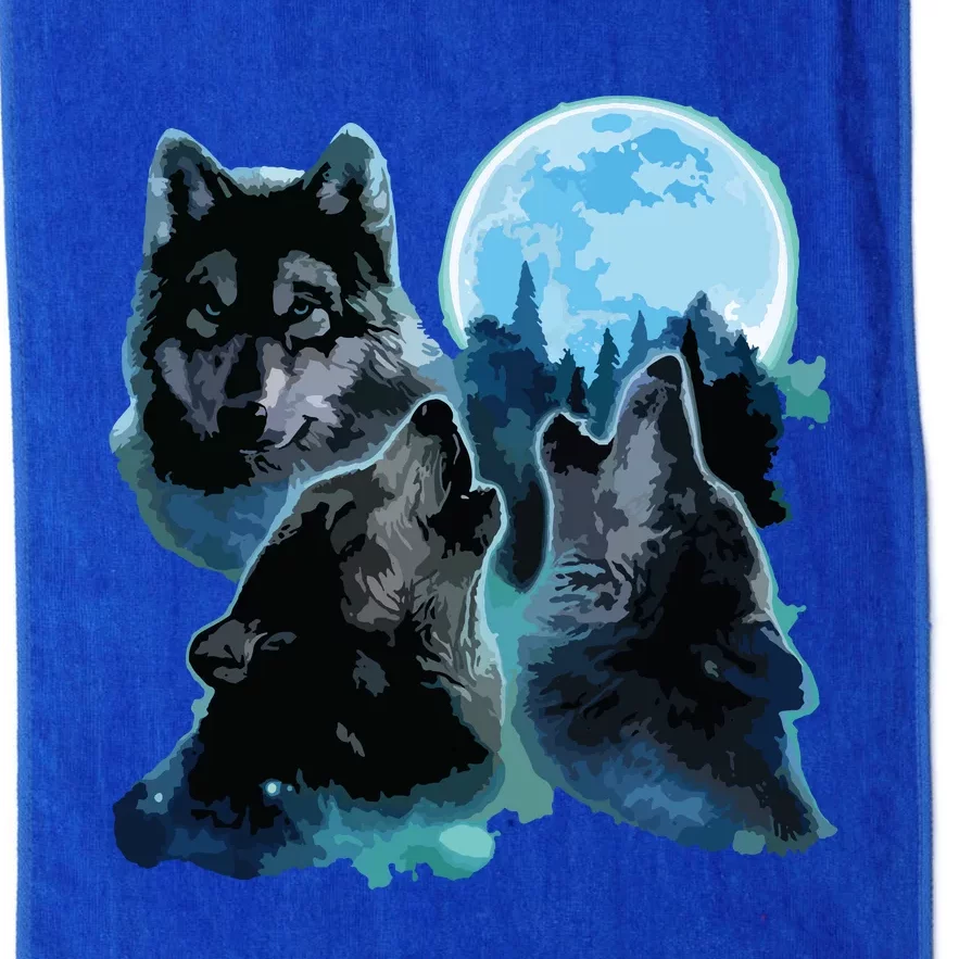 Three Wolves Howling Under Icy Full Moon, Gray Wolf Platinum Collection Golf Towel