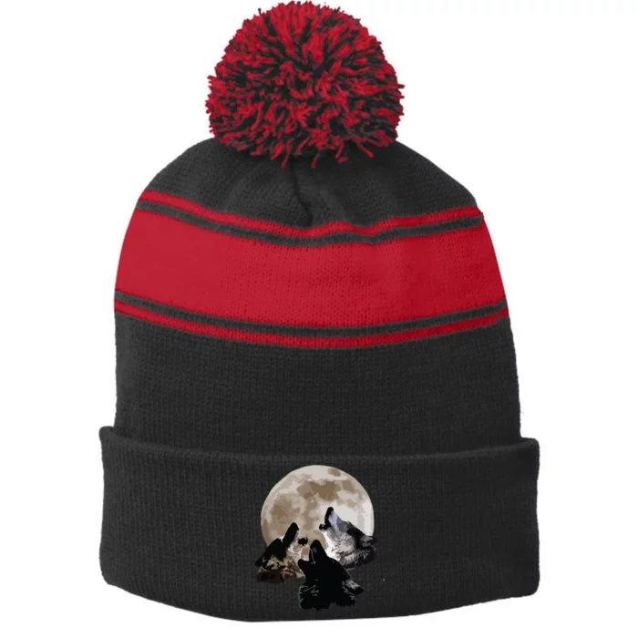 Three Wolves Howling At The Moon Wolf Lover Stripe Pom Pom Beanie