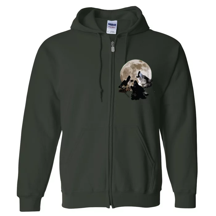 Three Wolves Howling At The Moon Wolf Lover Full Zip Hoodie