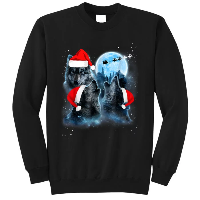 Three Wolves Howling Under Moon Christmas Santa Wolf Lover Sweatshirt