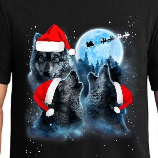 Three Wolves Howling Under Moon Christmas Santa Wolf Lover Pajama Set