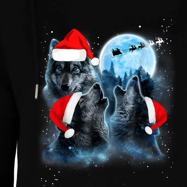 Three Wolves Howling Under Moon Christmas Santa Wolf Lover Womens Funnel Neck Pullover Hood