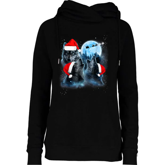 Three Wolves Howling Under Moon Christmas Santa Wolf Lover Womens Funnel Neck Pullover Hood