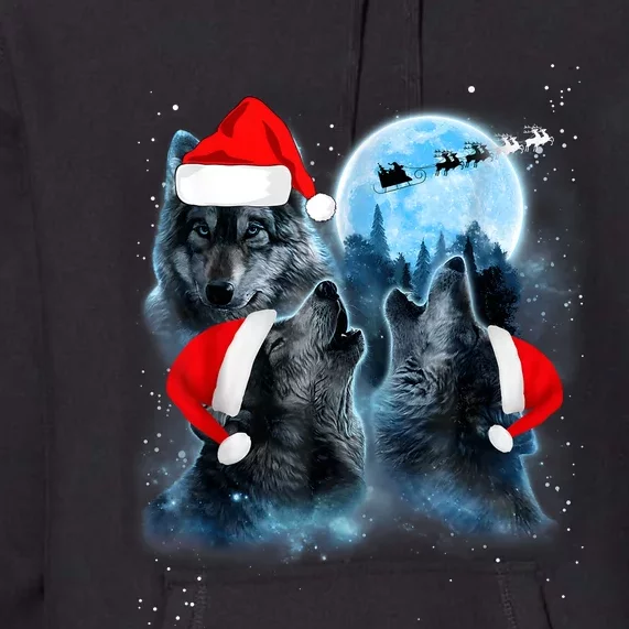 Three Wolves Howling Under Moon Christmas Santa Wolf Lover Premium Hoodie