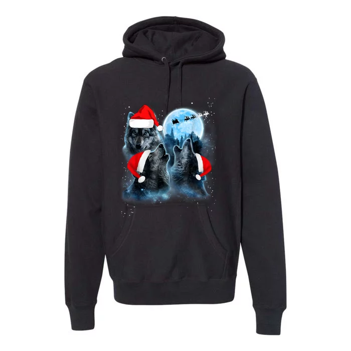 Three Wolves Howling Under Moon Christmas Santa Wolf Lover Premium Hoodie