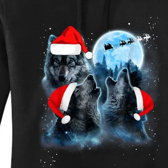 Three Wolves Howling Under Moon Christmas Santa Wolf Lover Women's Pullover Hoodie