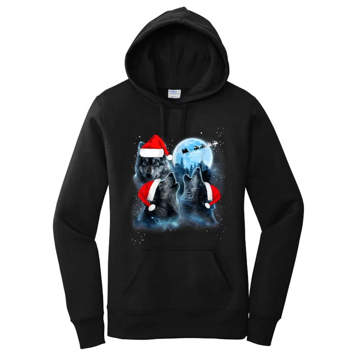 Three Wolves Howling Under Moon Christmas Santa Wolf Lover Women's Pullover Hoodie