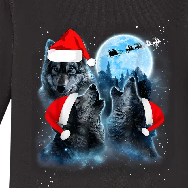 Three Wolves Howling Under Moon Christmas Santa Wolf Lover Baby Long Sleeve Bodysuit