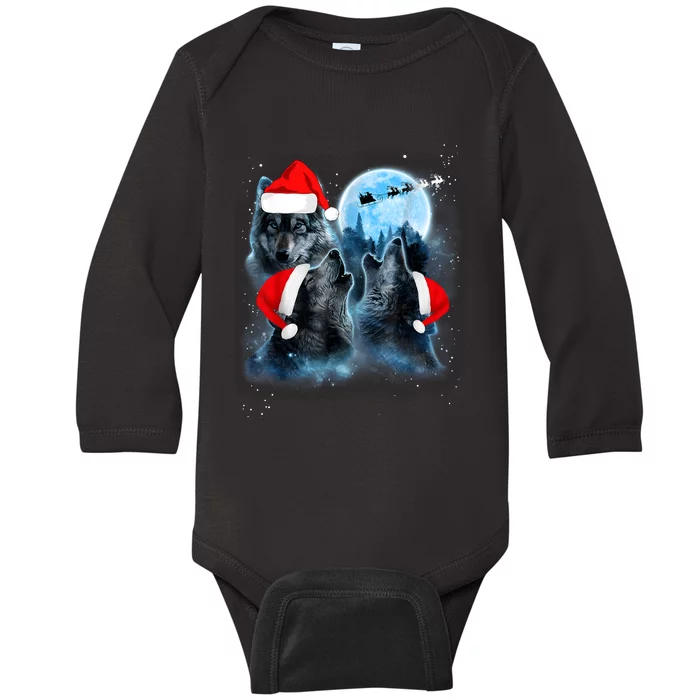 Three Wolves Howling Under Moon Christmas Santa Wolf Lover Baby Long Sleeve Bodysuit