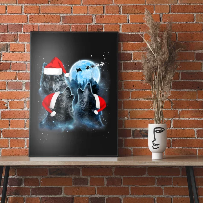 Three Wolves Howling Under Moon Christmas Santa Wolf Lover Poster