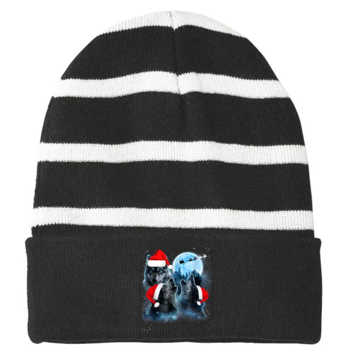 Three Wolves Howling Under Moon Christmas Santa Wolf Lover Striped Beanie with Solid Band