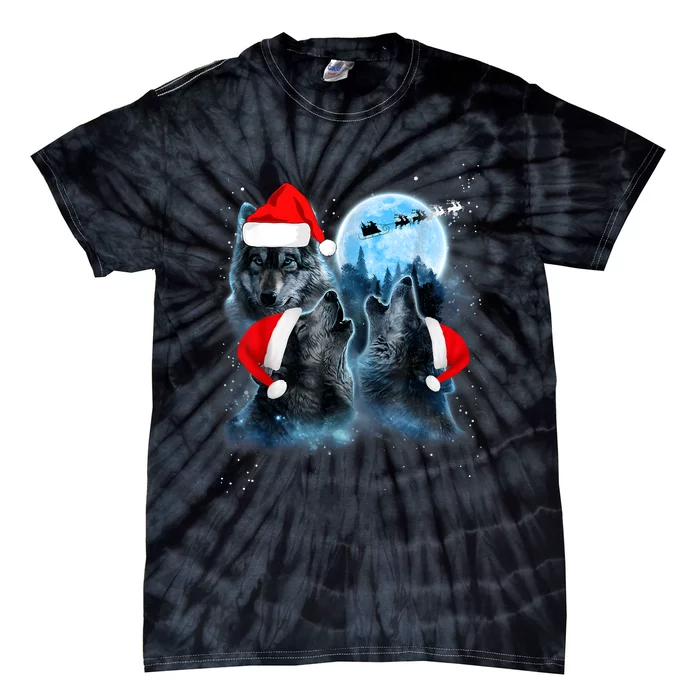 Three Wolves Howling Under Moon Christmas Santa Wolf Lover Tie-Dye T-Shirt