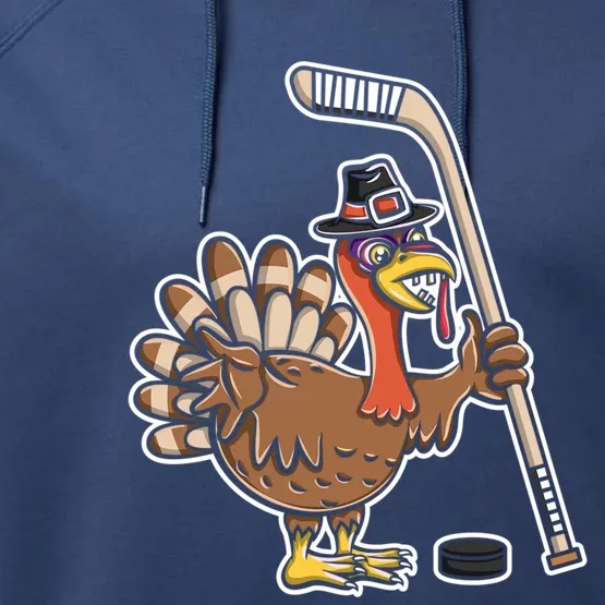 Turkey With Ice Hockey Stick And Hockey Puck Cute Gift Performance Fleece Hoodie