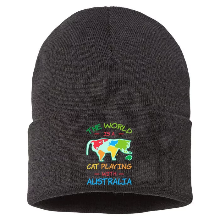 The World Is A Cat Playing With Australia Map Aussie Sustainable Knit Beanie