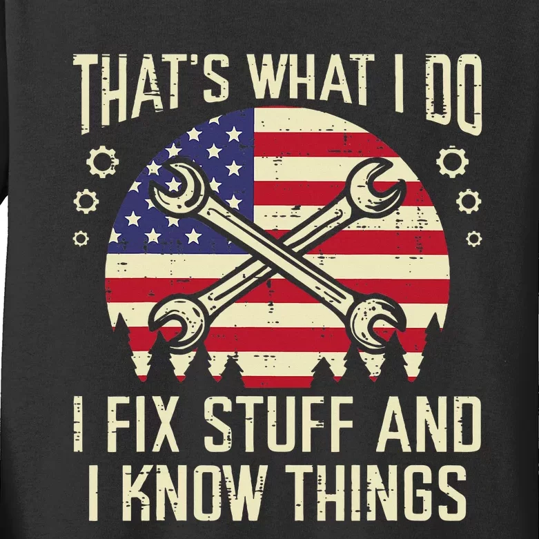 Thats What I Do Fix Stuff Usa Flag Car Mechanic Garage Kids Long Sleeve Shirt