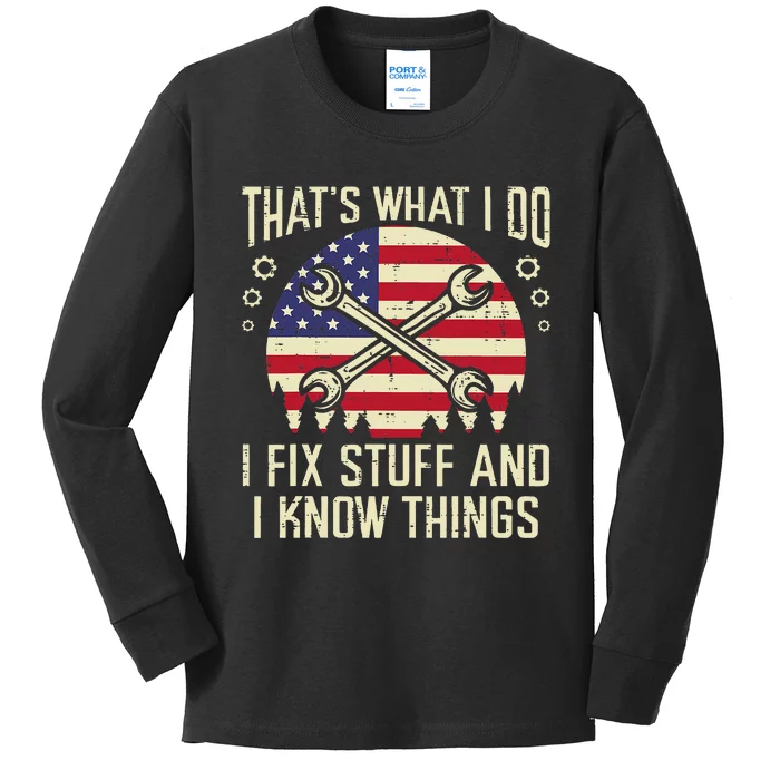 Thats What I Do Fix Stuff Usa Flag Car Mechanic Garage Kids Long Sleeve Shirt