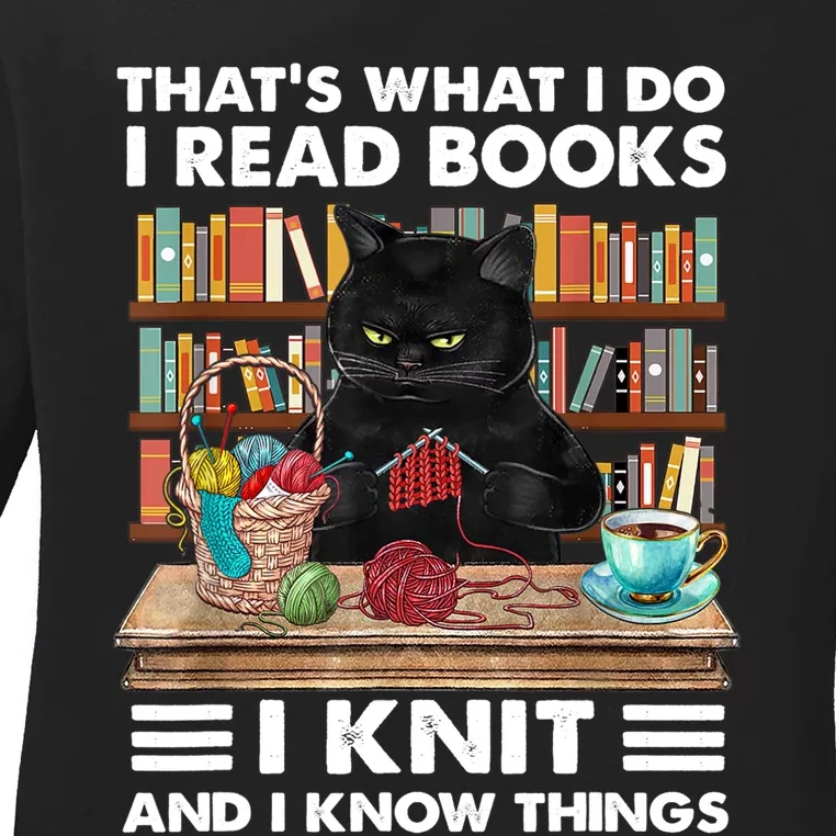 That What I Do I Read Books I Knit A Funny Cat Knitting Gift Ladies Long Sleeve Shirt