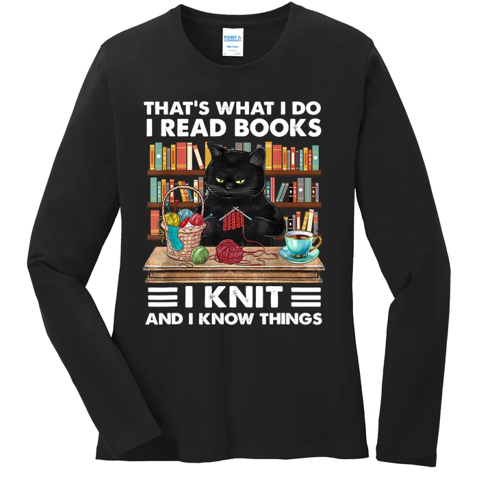 That What I Do I Read Books I Knit A Funny Cat Knitting Gift Ladies Long Sleeve Shirt