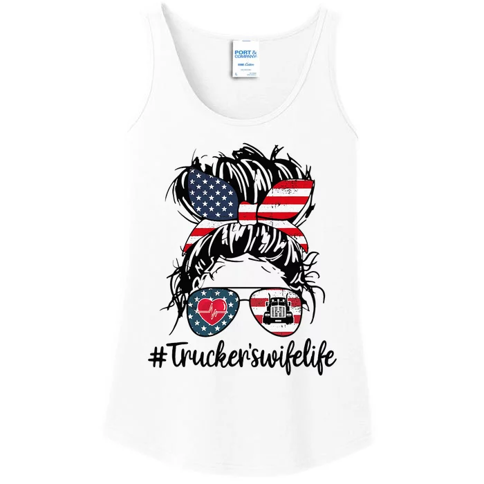 Trucker's Wife Life Truck American US Messy Bun 4th of July Ladies Essential Tank