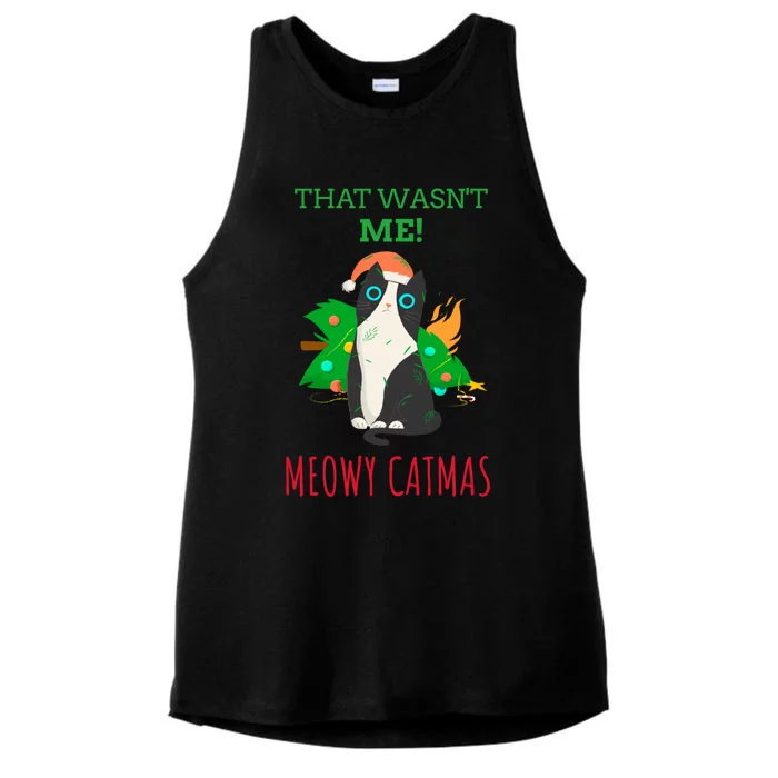 That Wasn't Me Meowy Catmas Funny Cat Cute Christmas Gift Ladies Tri-Blend Wicking Tank