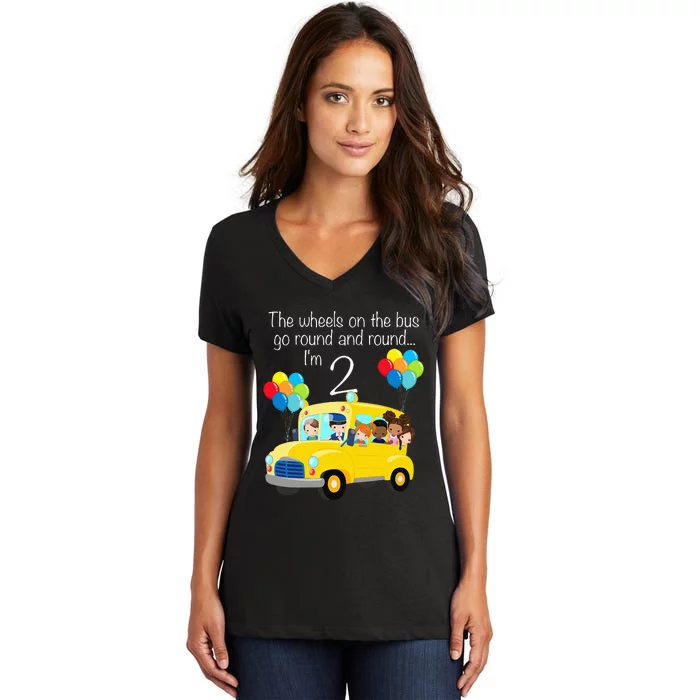 The Wheels On The Bus 2nd Birthday 2 Years Old Yellow Bus Women's V-Neck T-Shirt