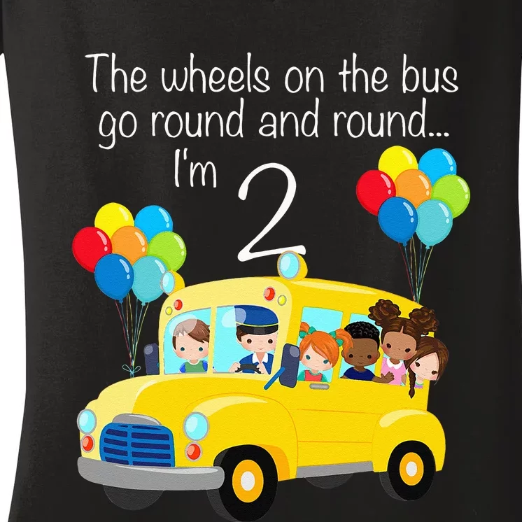 The Wheels On The Bus 2nd Birthday 2 Years Old Yellow Bus Women's V-Neck T-Shirt