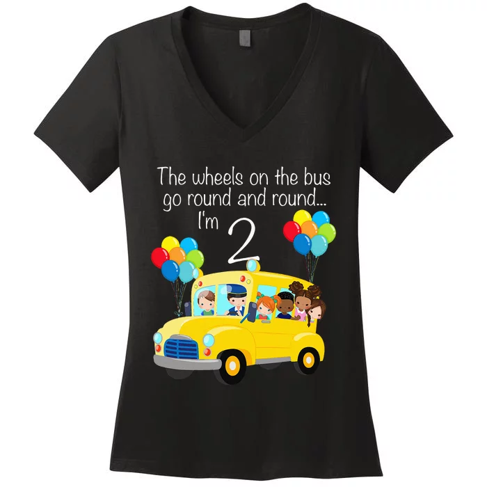 The Wheels On The Bus 2nd Birthday 2 Years Old Yellow Bus Women's V-Neck T-Shirt