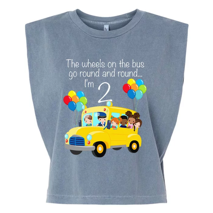 The Wheels On The Bus 2nd Birthday 2 Years Old Yellow Bus Garment-Dyed Women's Muscle Tee