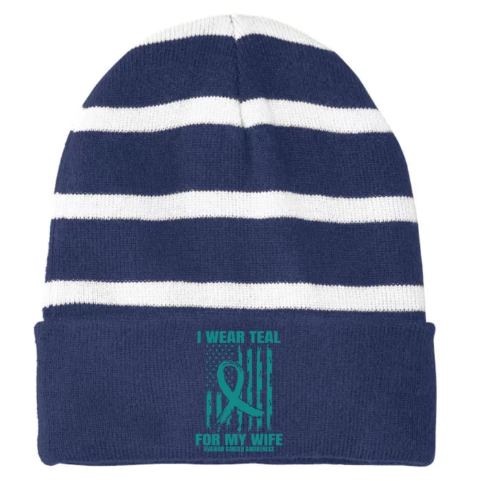 Teal Wife Ovarian Cancer Awareness Flag Graphic Back Print Premium Striped Beanie with Solid Band