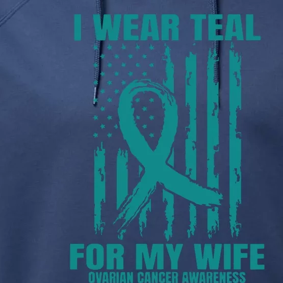 Teal Wife Ovarian Cancer Awareness Flag Graphic Back Print Premium Performance Fleece Hoodie