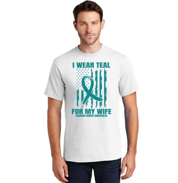 Teal Wife Ovarian Cancer Awareness Flag Graphic Back Print Premium Tall T-Shirt