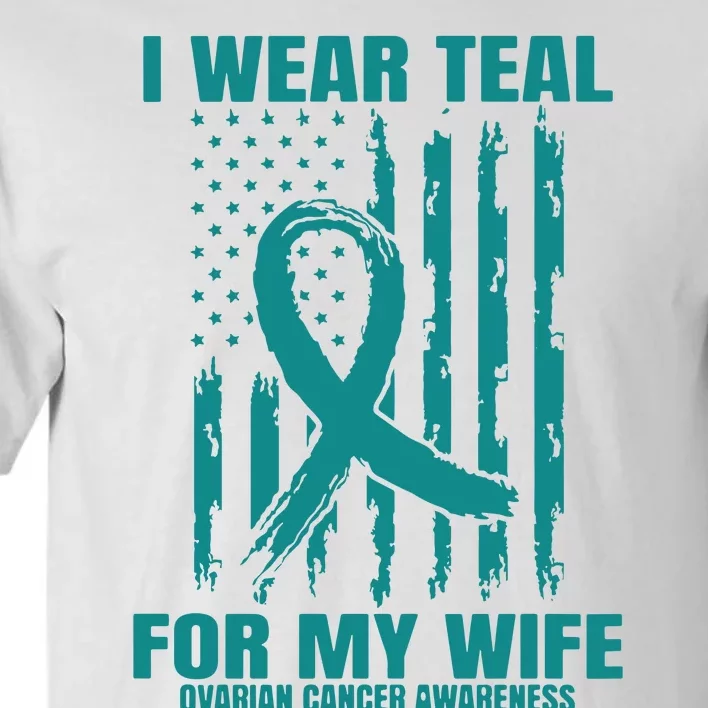 Teal Wife Ovarian Cancer Awareness Flag Graphic Back Print Premium Tall T-Shirt