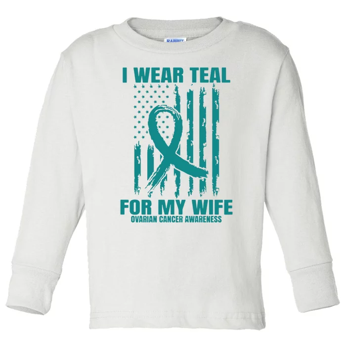 Teal Wife Ovarian Cancer Awareness Flag Graphic Back Print Premium Toddler Long Sleeve Shirt