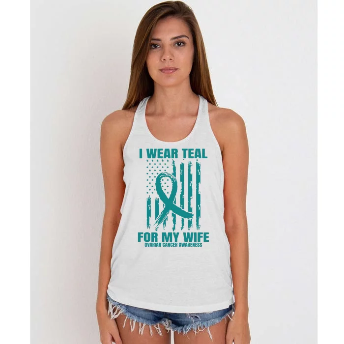 Teal Wife Ovarian Cancer Awareness Flag Graphic Back Print Premium Women's Knotted Racerback Tank