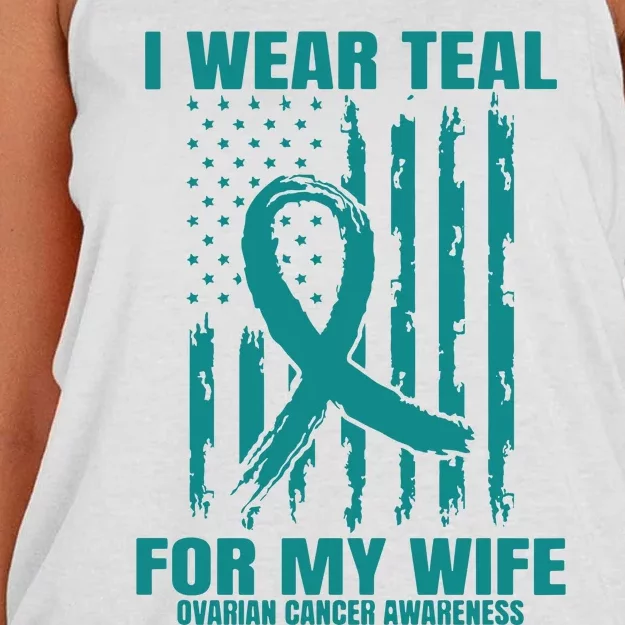 Teal Wife Ovarian Cancer Awareness Flag Graphic Back Print Premium Women's Knotted Racerback Tank