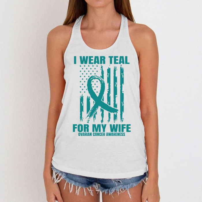 Teal Wife Ovarian Cancer Awareness Flag Graphic Back Print Premium Women's Knotted Racerback Tank