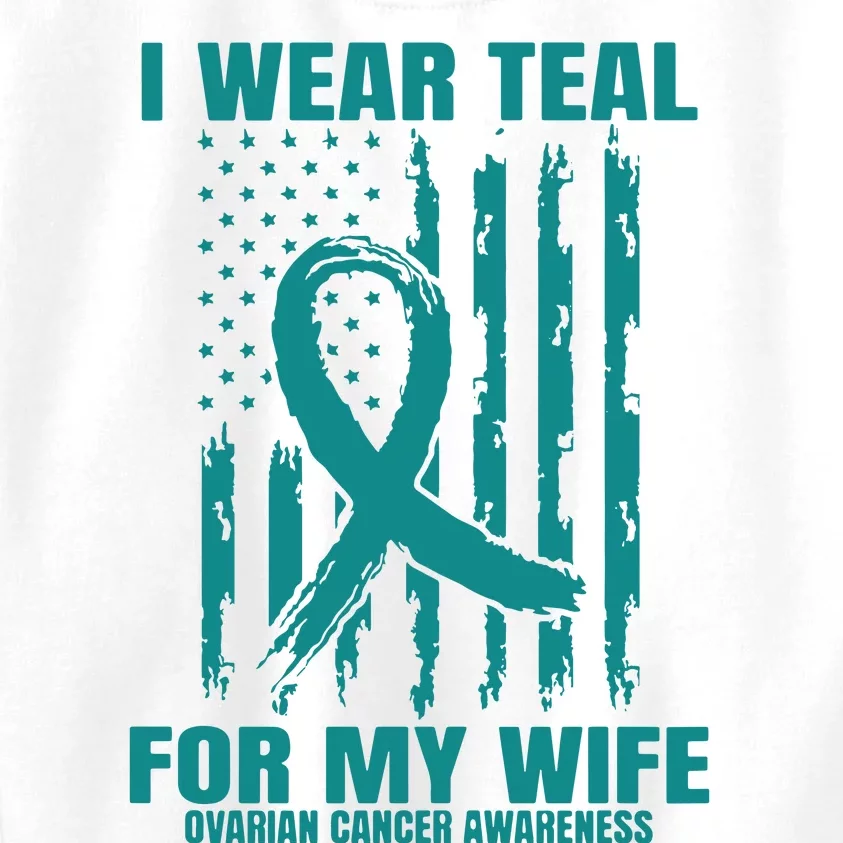 Teal Wife Ovarian Cancer Awareness Flag Graphic Back Print Premium Kids Sweatshirt