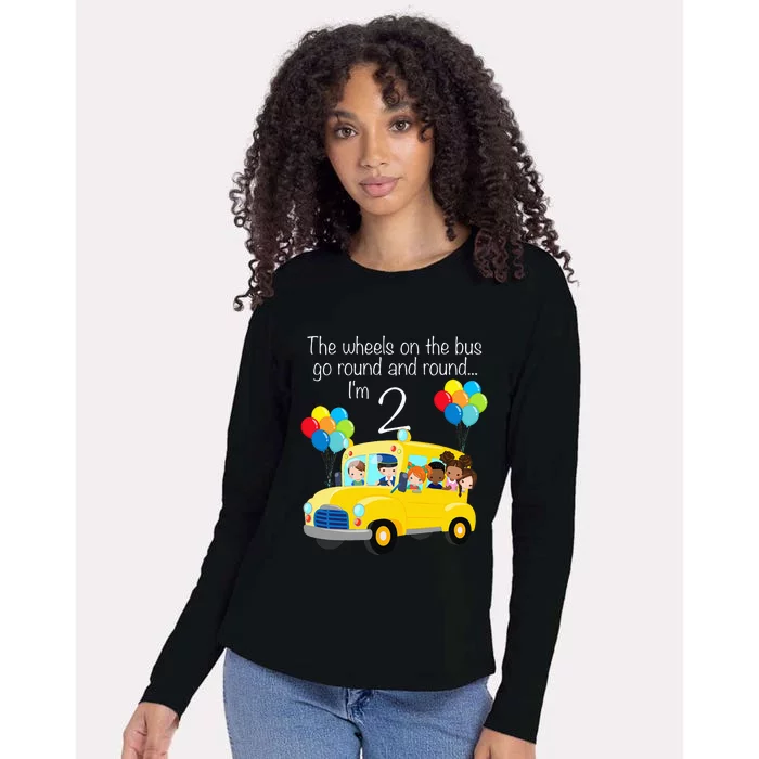 The Wheels On The Bus 2nd Birthday 2 Years Old Yellow Bus Womens Cotton Relaxed Long Sleeve T-Shirt