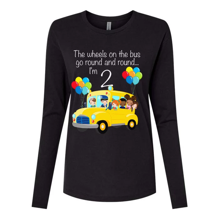 The Wheels On The Bus 2nd Birthday 2 Years Old Yellow Bus Womens Cotton Relaxed Long Sleeve T-Shirt