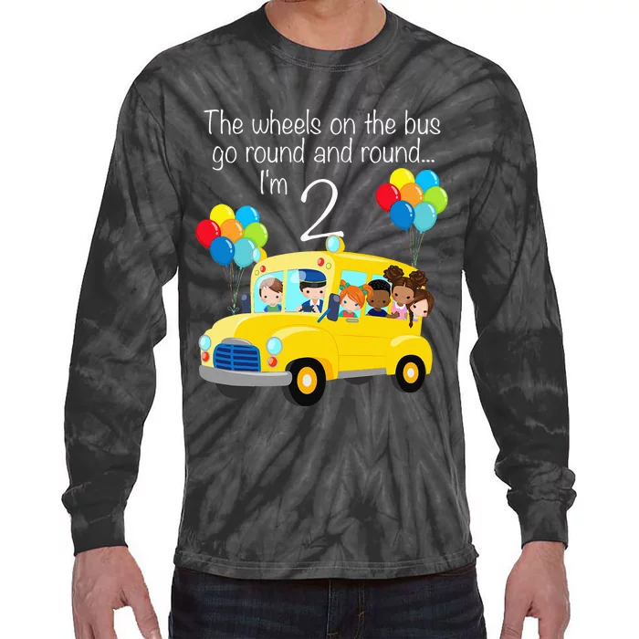 The Wheels On The Bus 2nd Birthday 2 Years Old Yellow Bus Tie-Dye Long Sleeve Shirt