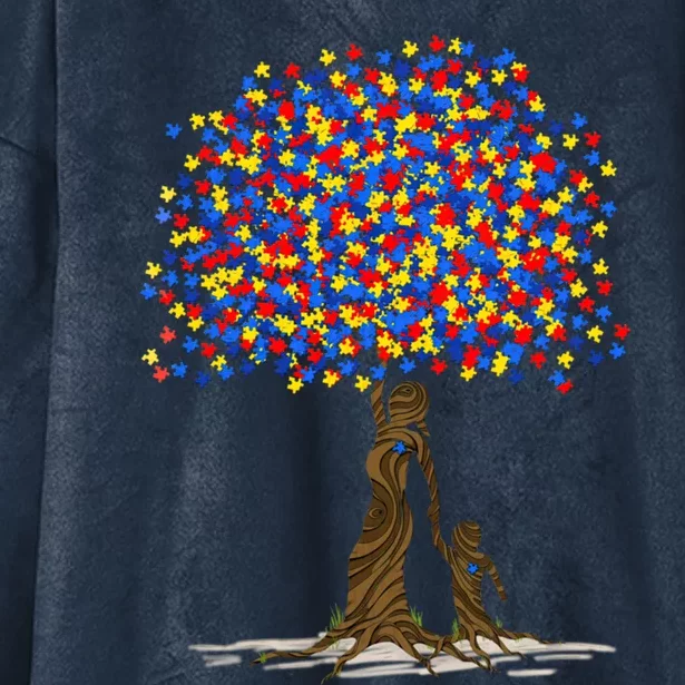 Tree With Puzzle Pieces Autism Mom And Son Autism Awareness Gift Hooded Wearable Blanket