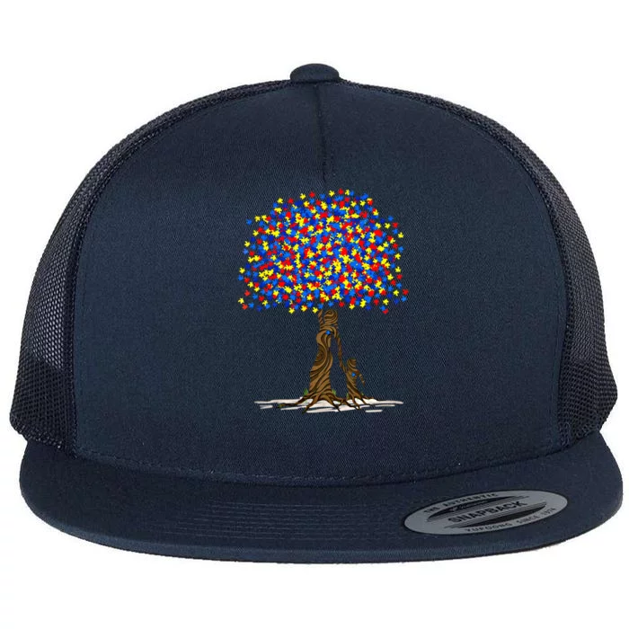 Tree With Puzzle Pieces Autism Mom And Son Autism Awareness Gift Flat Bill Trucker Hat